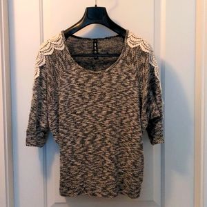 Design lab light knit grey sweater with shoulder crochet detail